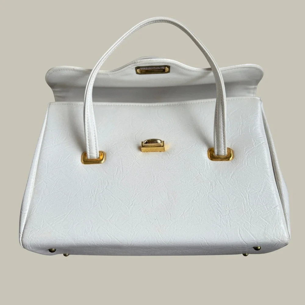 Vintage Spilene White Structured Top Handle Handbag Turn Lock Made in USA